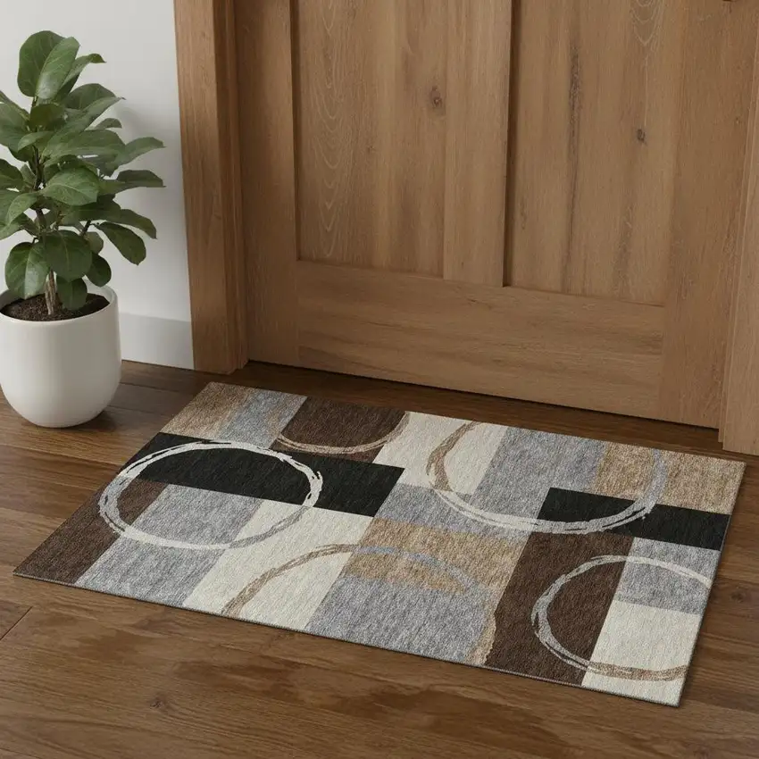 Pewter Gray And Black Geometric Washable Area Rug With UV Protection Photo 1