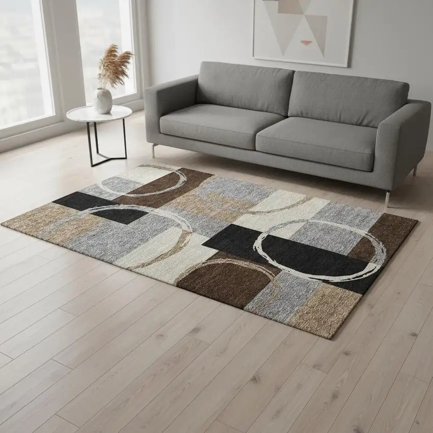 Pewter Gray And Black Geometric Washable Area Rug With UV Protection Photo 2