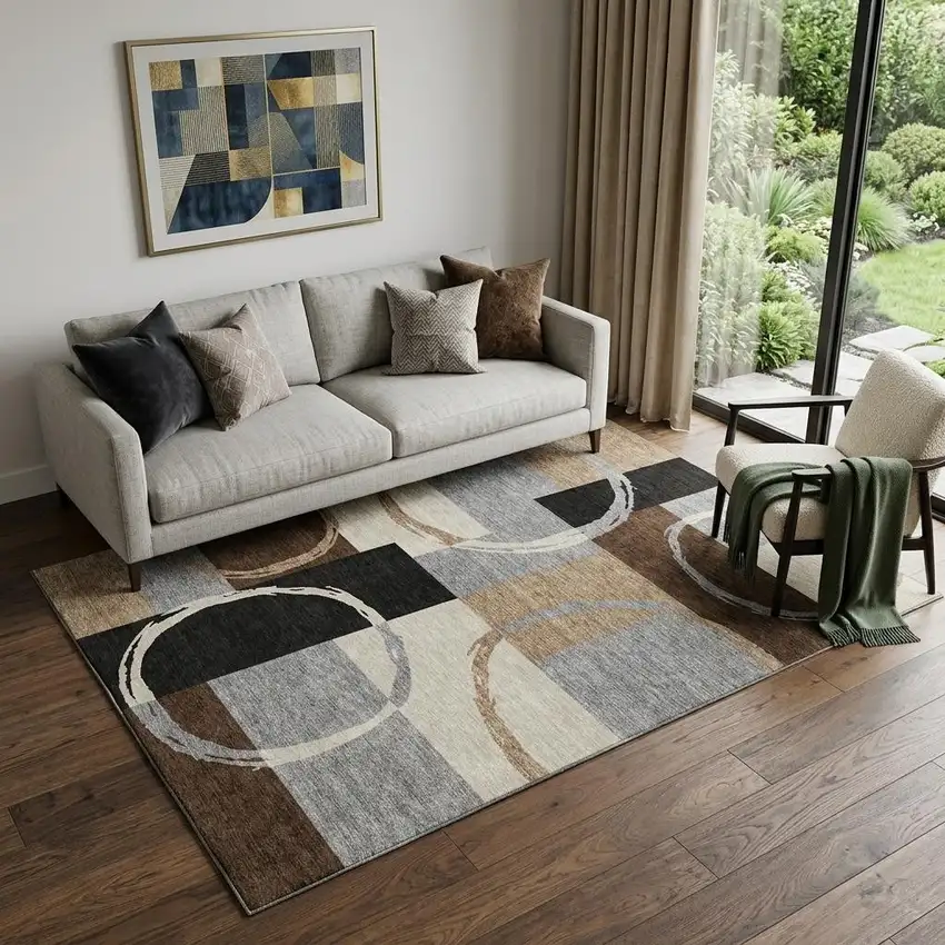 Pewter Gray And Black Geometric Washable Area Rug With UV Protection Photo 1