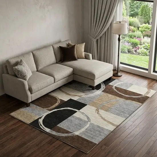 Pewter Gray And Black Geometric Washable Area Rug With UV Protection Photo 1