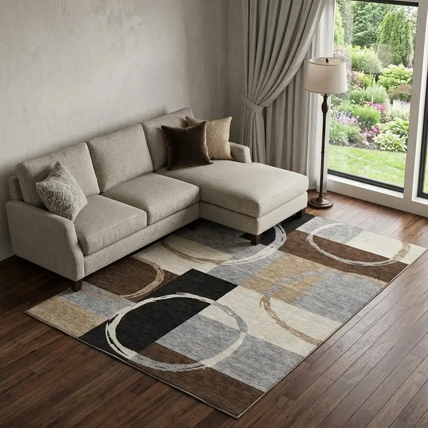 Pewter Gray And Black Geometric Washable Area Rug With UV Protection Photo 1