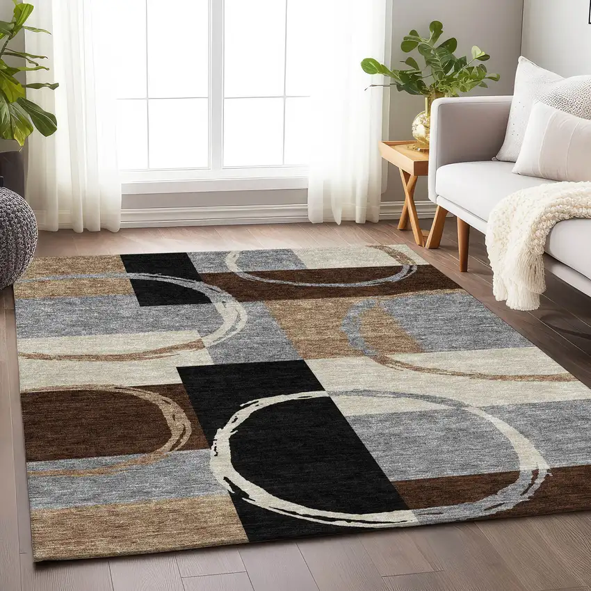 Pewter Gray And Black Geometric Washable Area Rug With UV Protection Photo 3