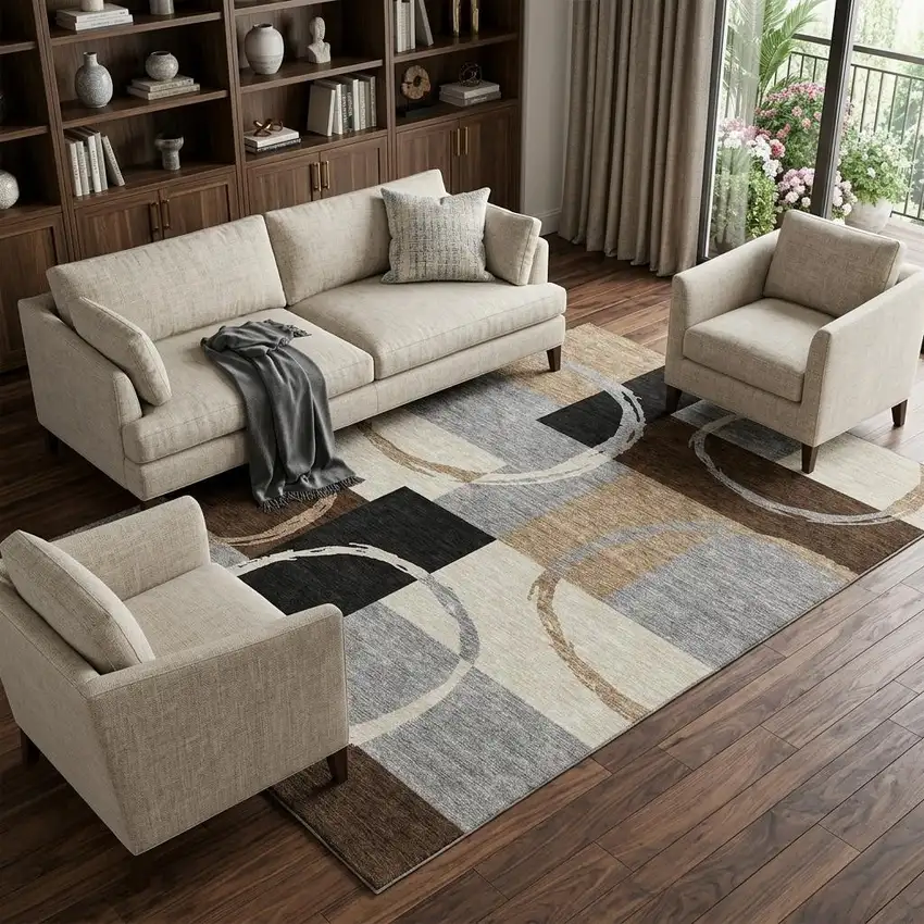Pewter Gray And Black Geometric Washable Area Rug With UV Protection Photo 1