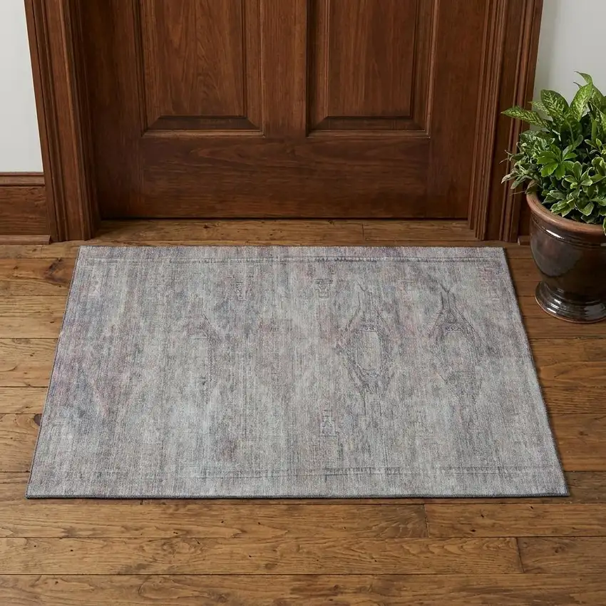 Pewter Gray And Charcoal Abstract Geometric Washable Area Rug With UV Protection Photo 1