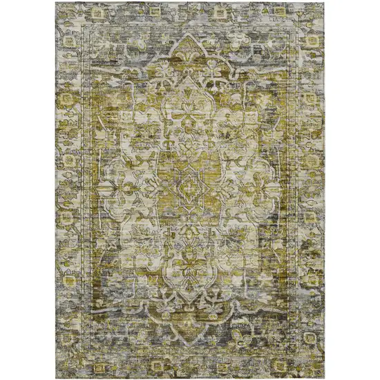 Pewter Gray And Gold Floral Medallion Washable Indoor Outdoor Area Rug Photo 1