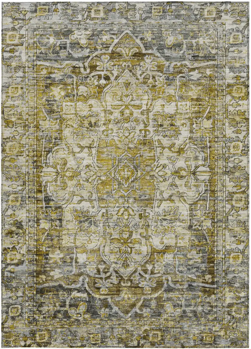 Pewter Gray And Gold Floral Medallion Washable Indoor Outdoor Area Rug Photo 3