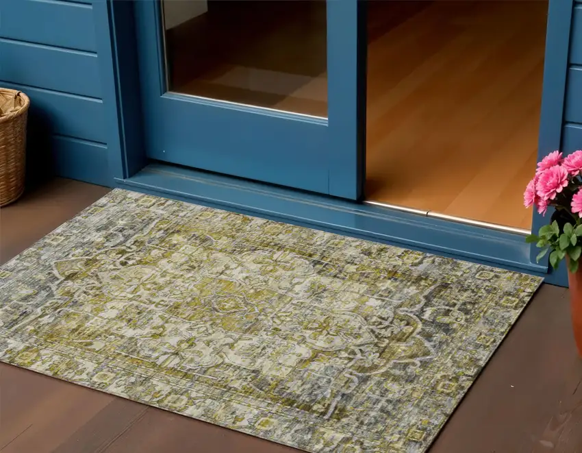 Pewter Gray And Gold Floral Medallion Washable Indoor Outdoor Area Rug Photo 2