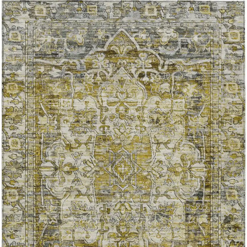 Pewter Gray And Gold Floral Medallion Washable Indoor Outdoor Area Rug Photo 8