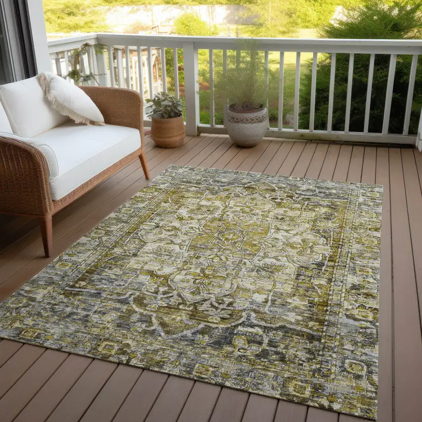 Pewter Gray And Gold Floral Medallion Washable Indoor Outdoor Area Rug Photo 9