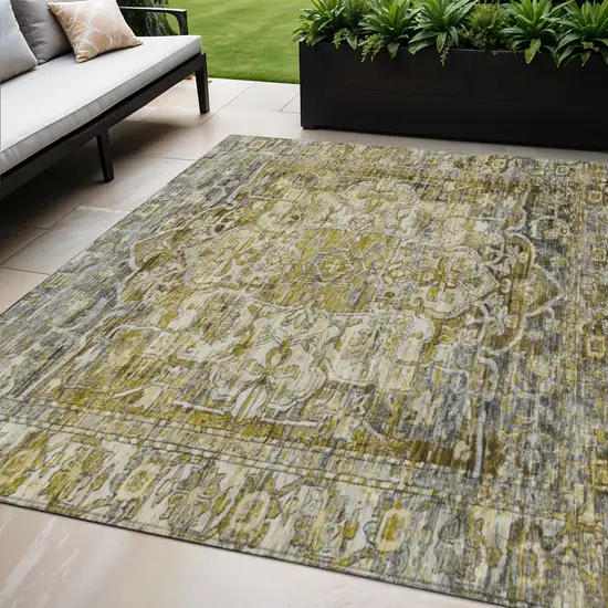 Pewter Gray And Gold Floral Medallion Washable Indoor Outdoor Area Rug Photo 3