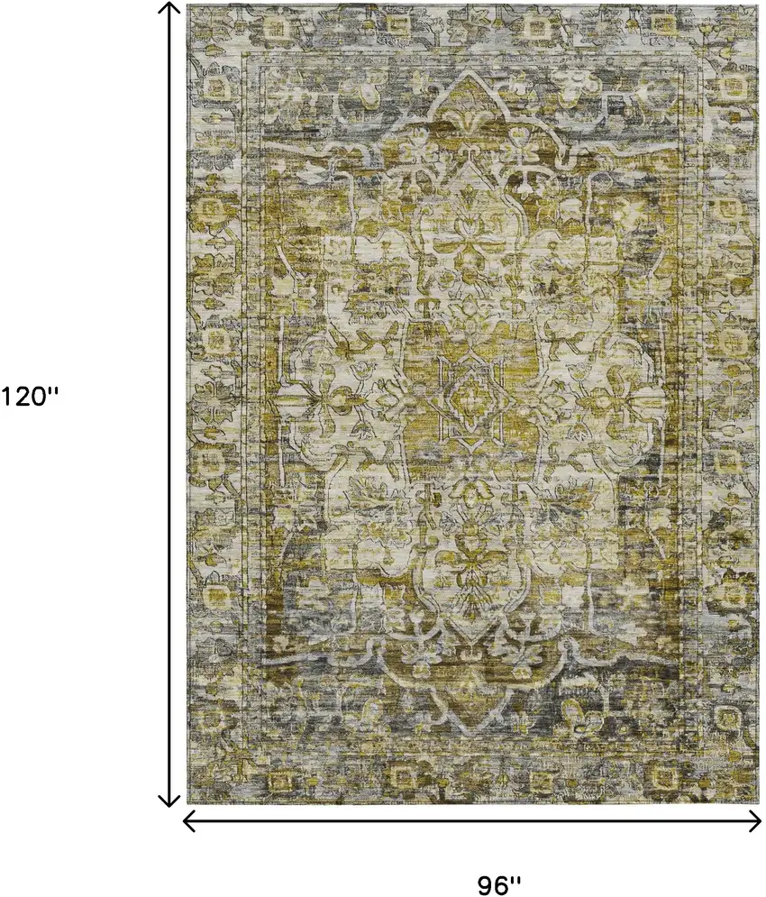 Pewter Gray And Gold Floral Medallion Washable Indoor Outdoor Area Rug Photo 9