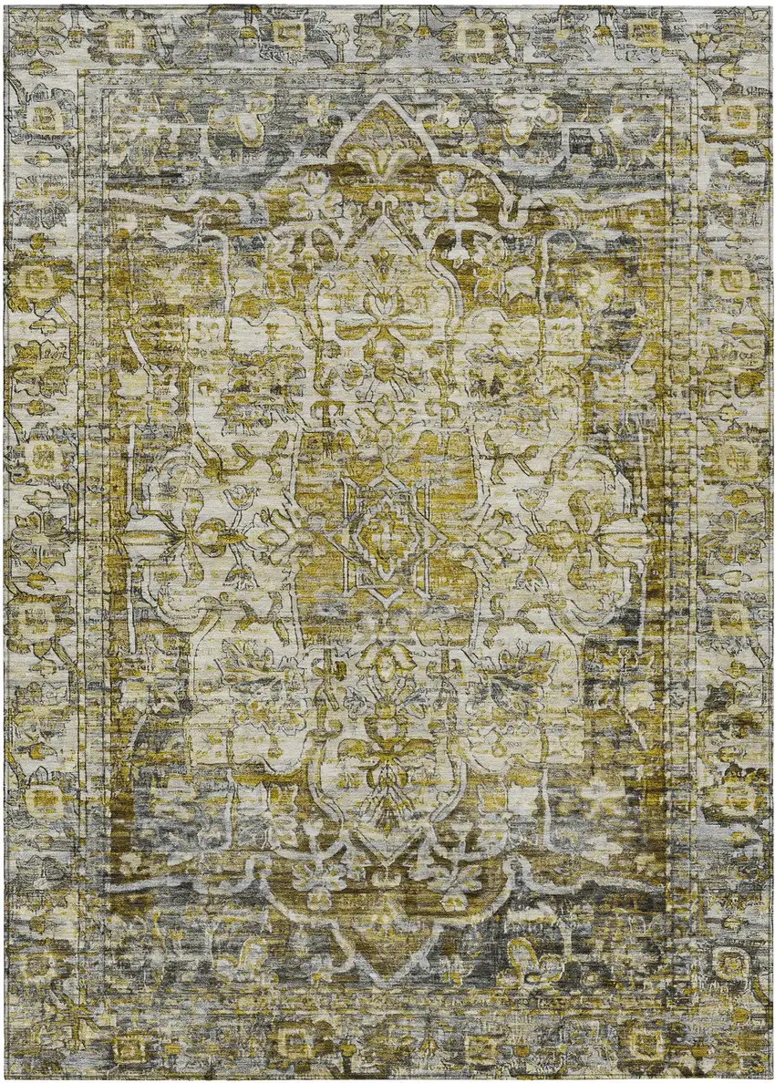 Pewter Gray And Gold Floral Medallion Washable Indoor Outdoor Area Rug Photo 1