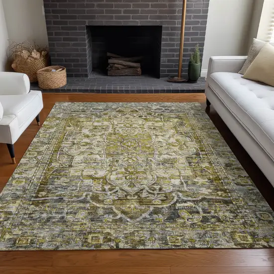 Pewter Gray And Gold Floral Medallion Washable Indoor Outdoor Area Rug Photo 7