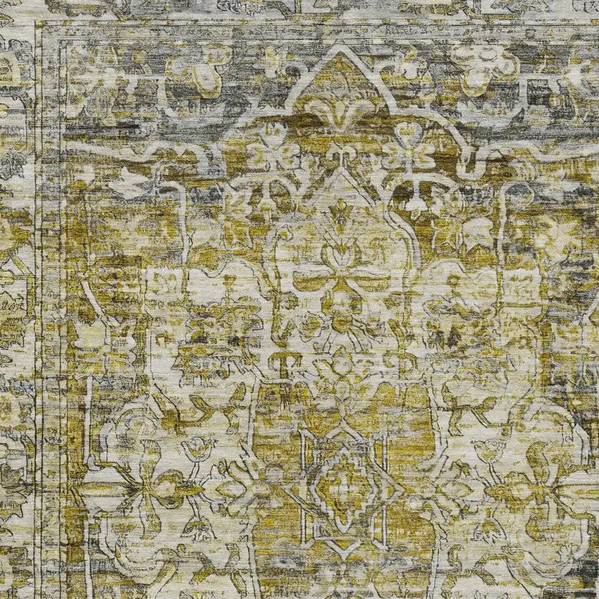 Pewter Gray And Gold Floral Medallion Washable Indoor Outdoor Area Rug Photo 6