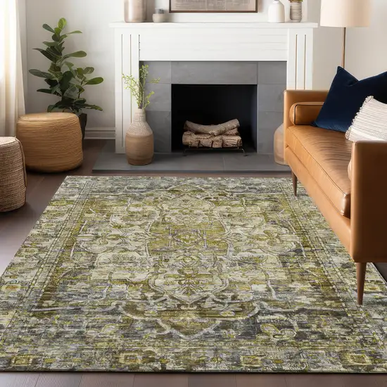 Pewter Gray And Gold Floral Medallion Washable Indoor Outdoor Area Rug Photo 9