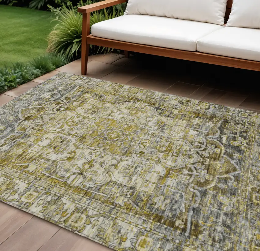 Pewter Gray And Gold Floral Medallion Washable Indoor Outdoor Area Rug Photo 2