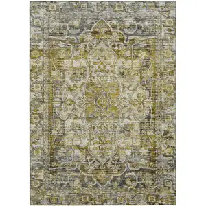 Photo of Pewter Gray And Gold Floral Medallion Washable Indoor Outdoor Area Rug