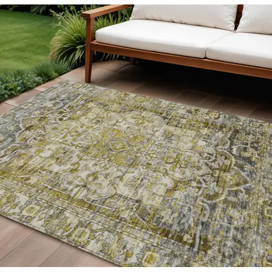 Pewter Gray And Gold Floral Medallion Washable Indoor Outdoor Area Rug Photo 2