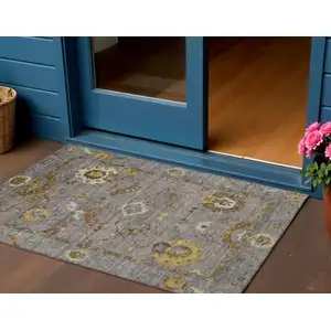 Photo of Pewter Gray And Gold Floral Medallion Washable Indoor Outdoor Area Rug