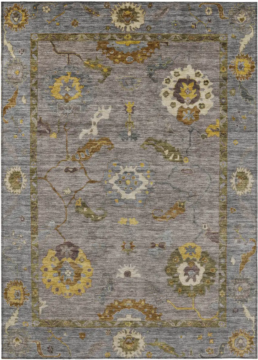 Pewter Gray And Gold Floral Medallion Washable Indoor Outdoor Area Rug Photo 2