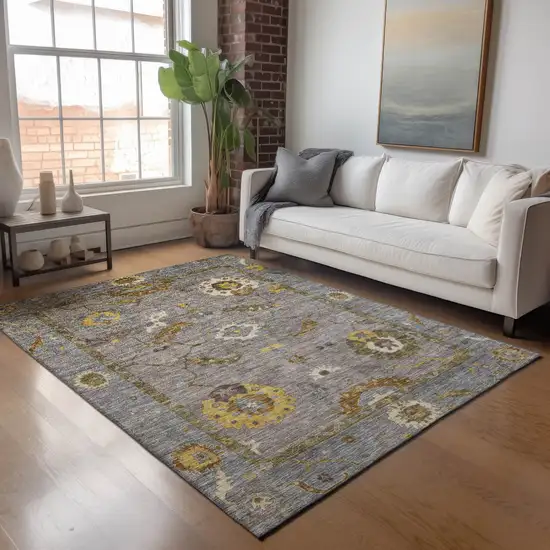 Pewter Gray And Gold Floral Medallion Washable Indoor Outdoor Area Rug Photo 9