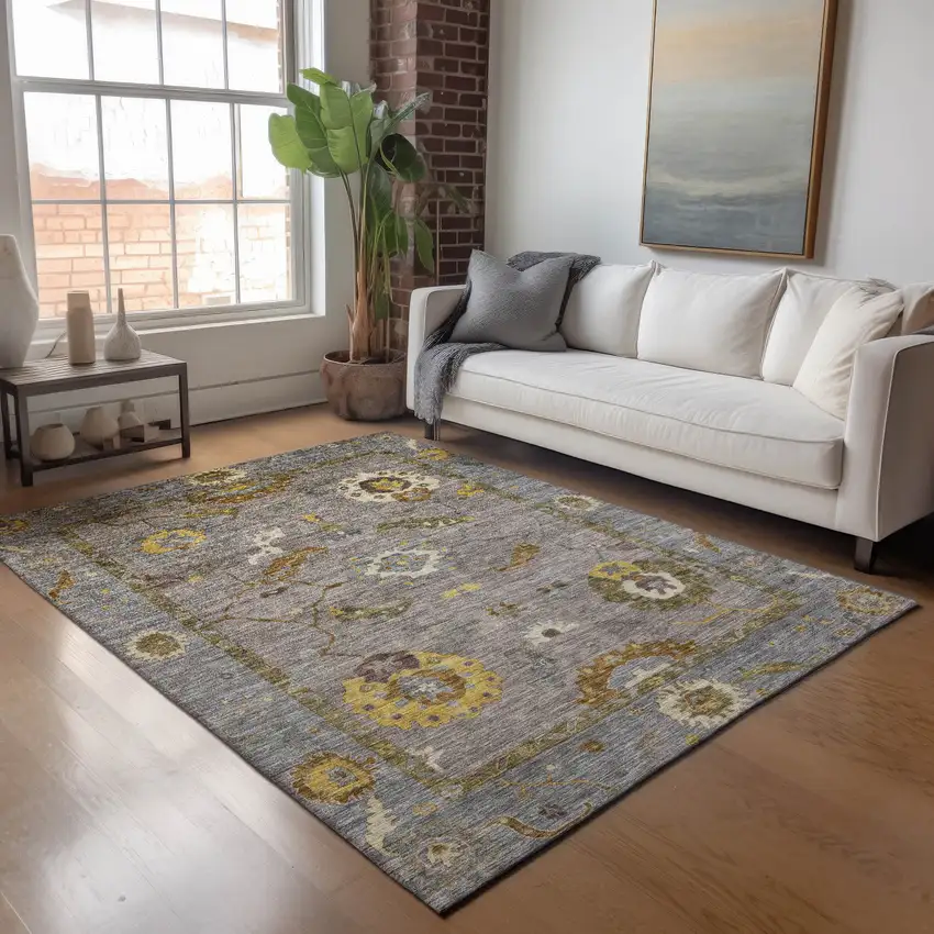 Pewter Gray And Gold Floral Medallion Washable Indoor Outdoor Area Rug Photo 9