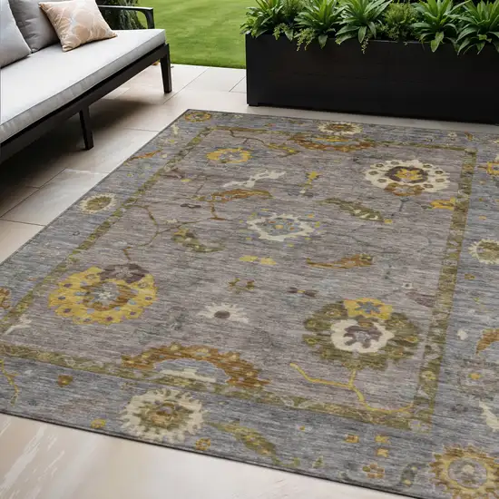 Pewter Gray And Gold Floral Medallion Washable Indoor Outdoor Area Rug Photo 1