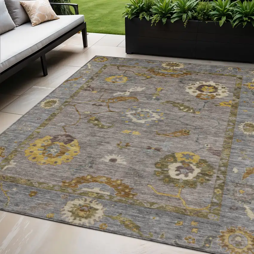 Pewter Gray And Gold Floral Medallion Washable Indoor Outdoor Area Rug Photo 1