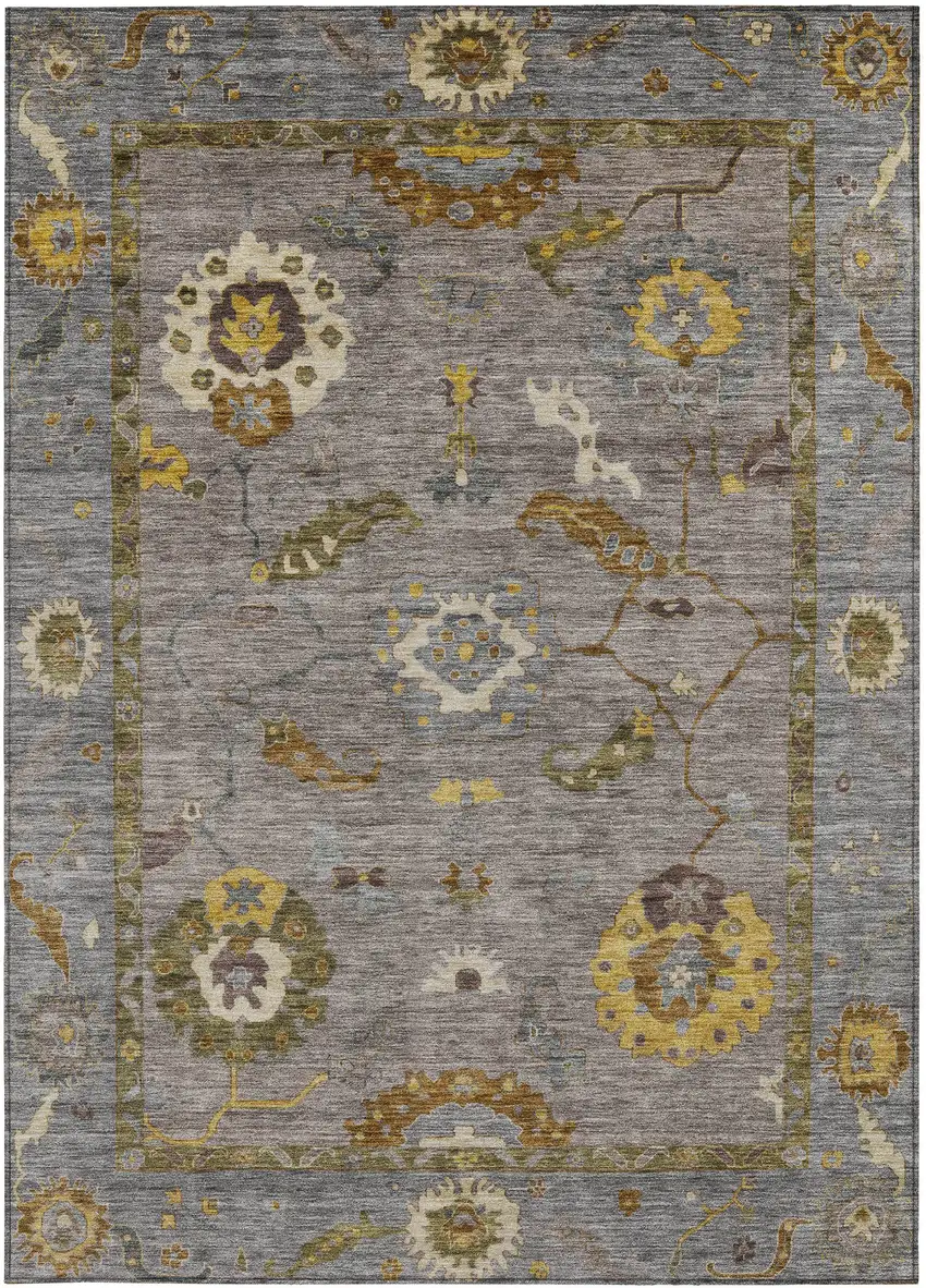 Pewter Gray And Gold Floral Medallion Washable Indoor Outdoor Area Rug Photo 5