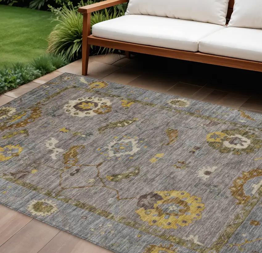 Pewter Gray And Gold Floral Medallion Washable Indoor Outdoor Area Rug Photo 1