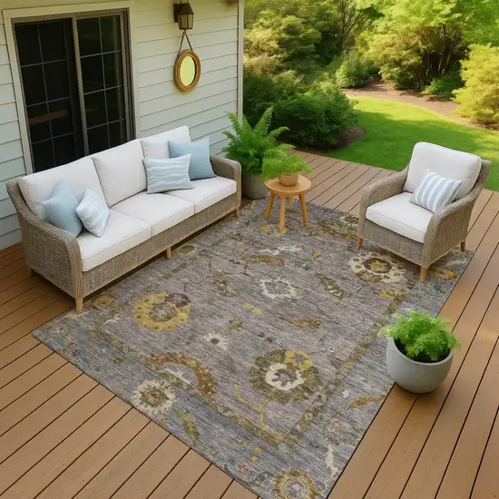 Pewter Gray And Gold Floral Medallion Washable Indoor Outdoor Area Rug Photo 8