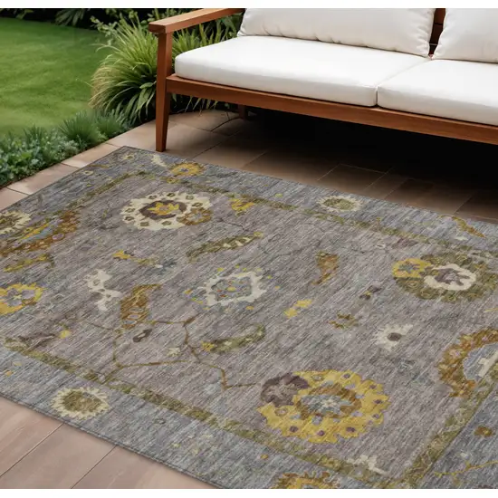 Pewter Gray And Gold Floral Medallion Washable Indoor Outdoor Area Rug Photo 1