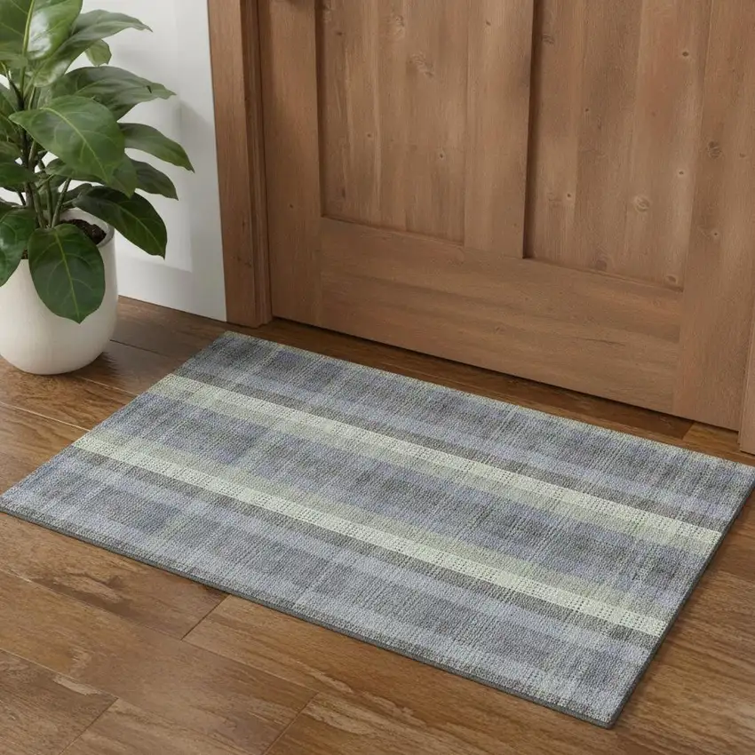 Pewter Gray And Green Plaid Washable Area Rug With UV Protection Photo 1