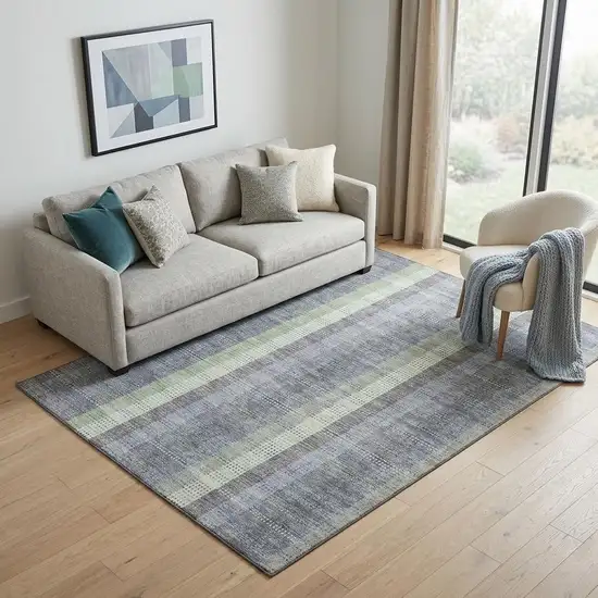 Pewter Gray And Green Plaid Washable Area Rug With UV Protection Photo 1