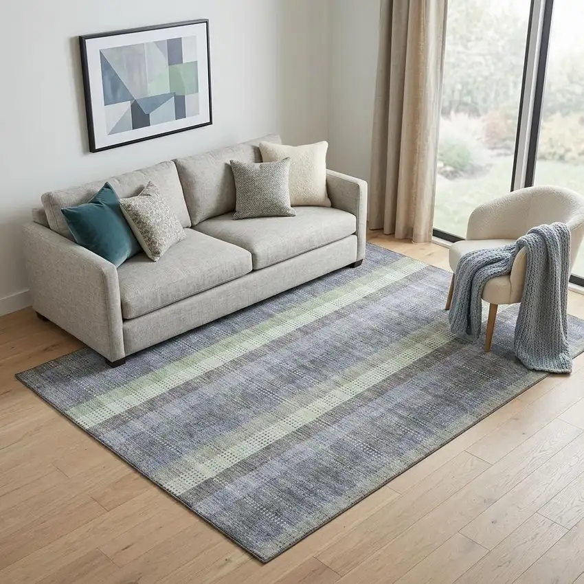 Pewter Gray And Green Plaid Washable Area Rug With UV Protection Photo 1