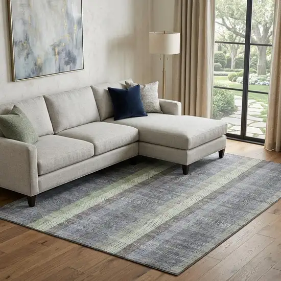 Pewter Gray And Green Plaid Washable Area Rug With UV Protection Photo 1