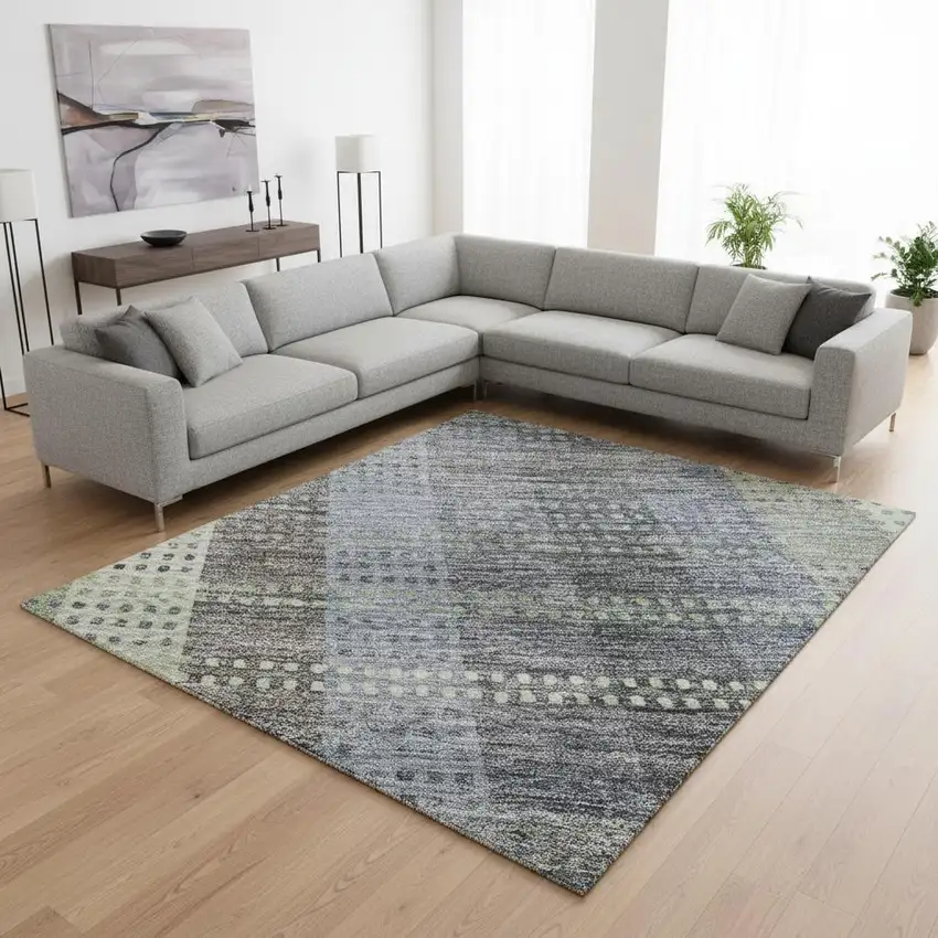 Pewter Gray And Green Plaid Washable Area Rug With UV Protection Photo 2