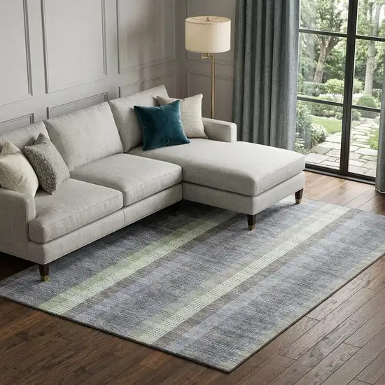 Pewter Gray And Green Plaid Washable Area Rug With UV Protection Photo 1