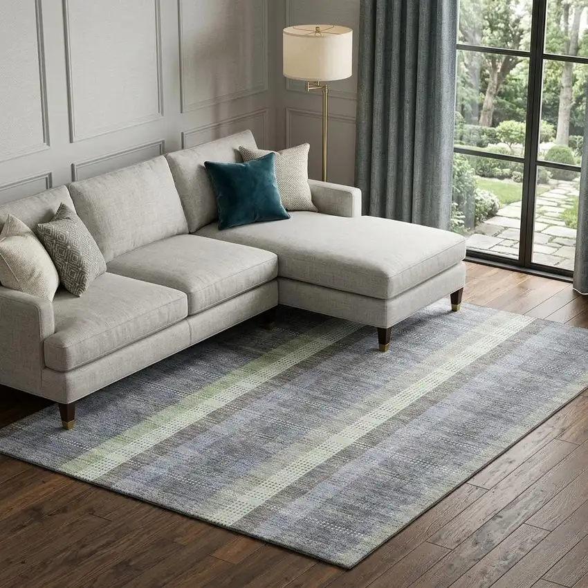 Pewter Gray And Green Plaid Washable Area Rug With UV Protection Photo 1