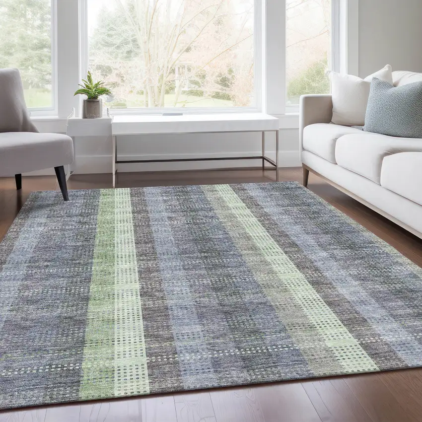 Pewter Gray And Green Plaid Washable Area Rug With UV Protection Photo 4