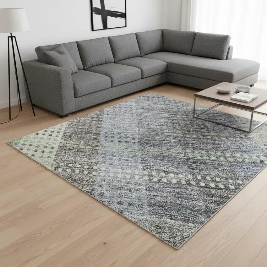 Pewter Gray And Green Plaid Washable Area Rug With UV Protection Photo 2