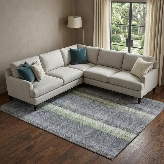 Pewter Gray And Green Plaid Washable Area Rug With UV Protection Photo 1