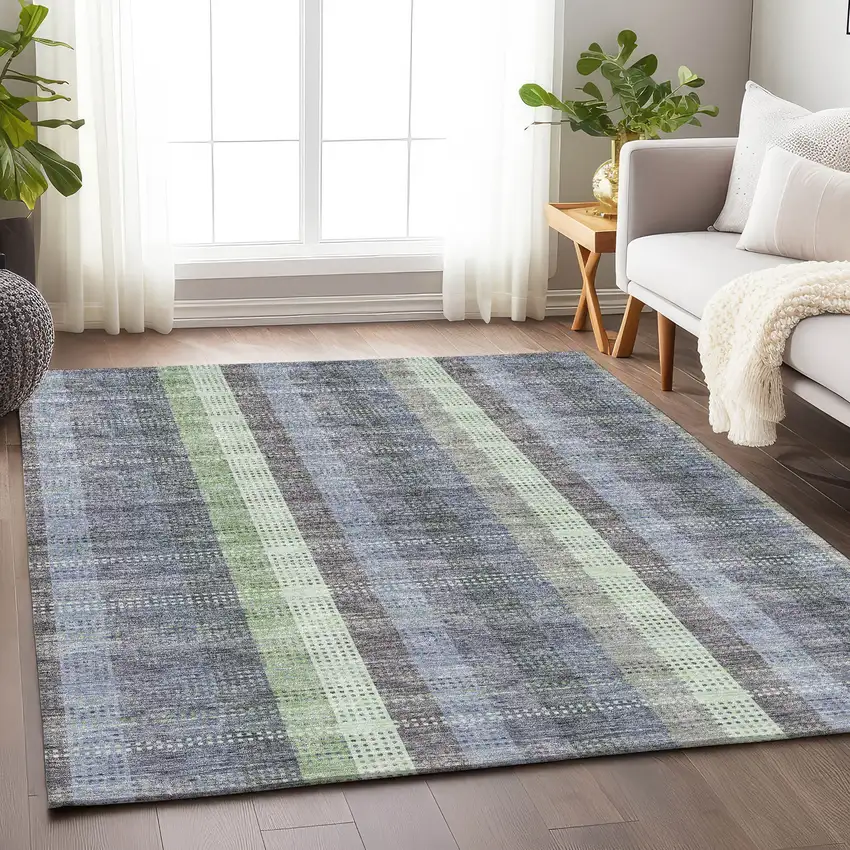 Pewter Gray And Green Plaid Washable Area Rug With UV Protection Photo 2