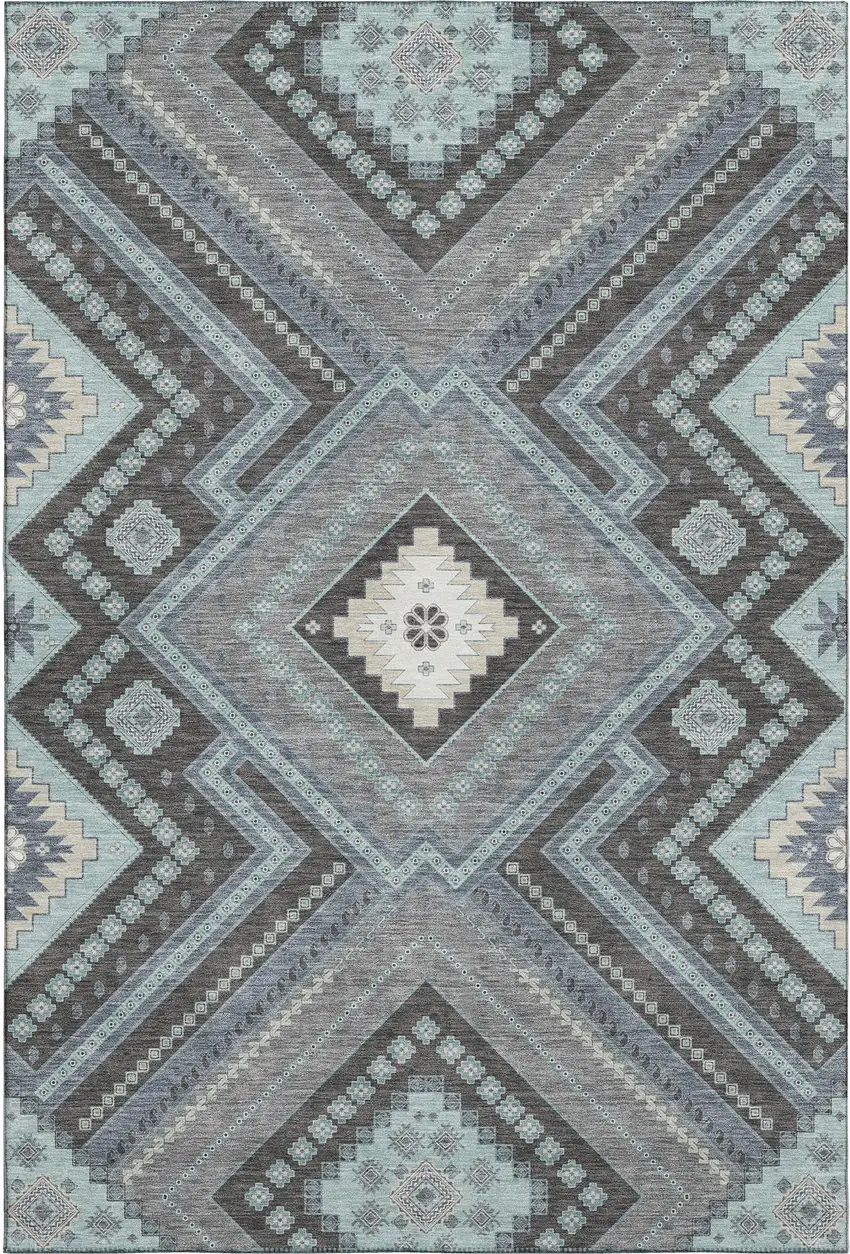 Pewter Gray And Ivory Tribal Washable Area Rug With UV Protection Photo 1