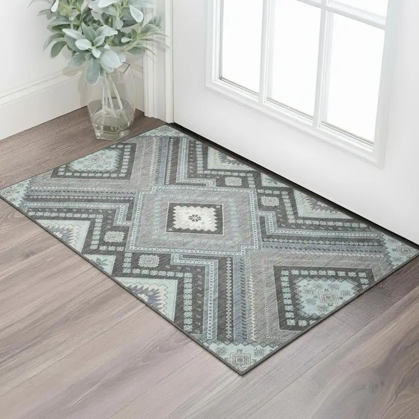 Pewter Gray And Ivory Tribal Washable Area Rug With UV Protection Photo 2