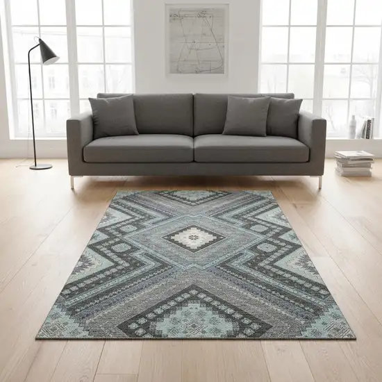 Pewter Gray And Ivory Tribal Washable Area Rug With UV Protection Photo 2