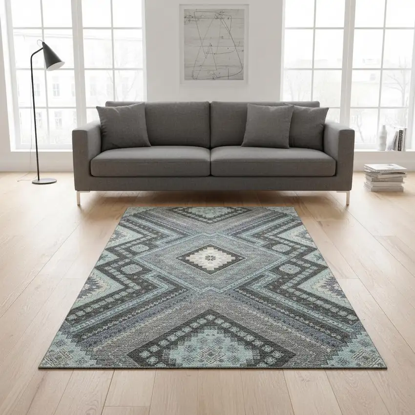 Pewter Gray And Ivory Tribal Washable Area Rug With UV Protection Photo 2