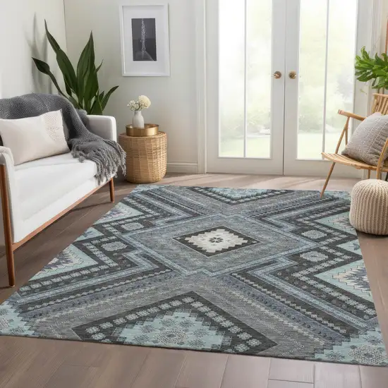 Pewter Gray And Ivory Tribal Washable Area Rug With UV Protection Photo 5