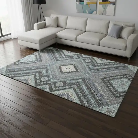 Pewter Gray And Ivory Tribal Washable Area Rug With UV Protection Photo 2