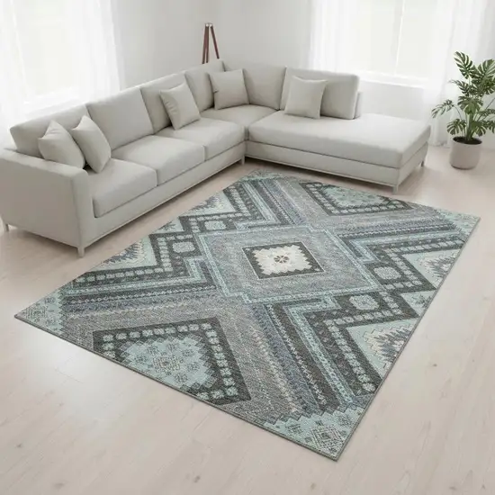 Pewter Gray And Ivory Tribal Washable Area Rug With UV Protection Photo 2
